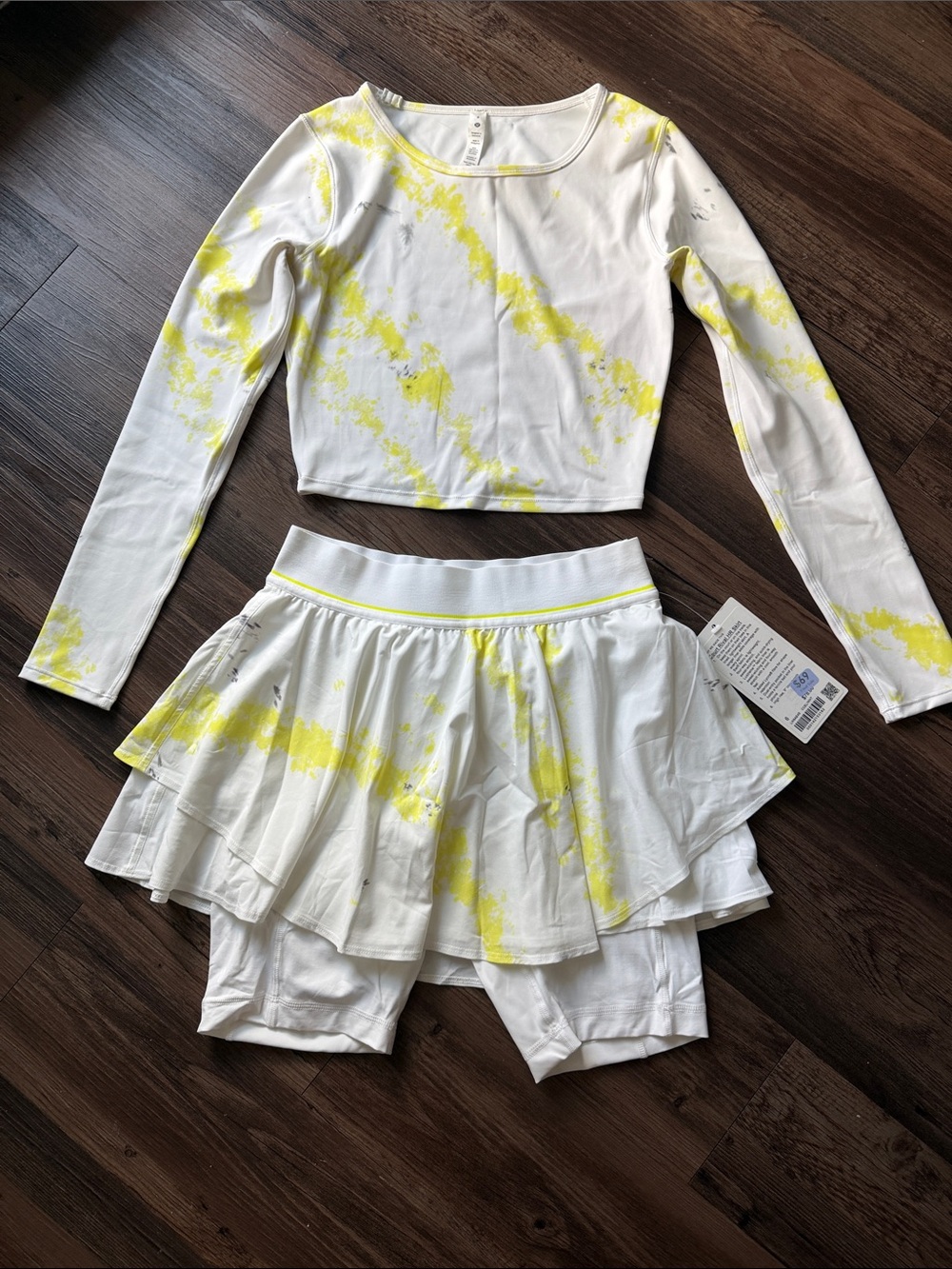 lululemon athletica White and Yellow Long Sleeve Crop Top and Skirted Shorts Set